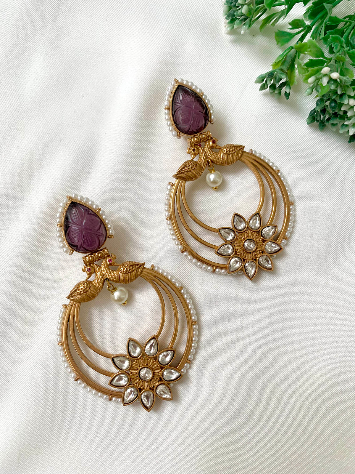 Romeesa handcrafted Polki Kundan earrings with Pearls and hand-carved Amethyst