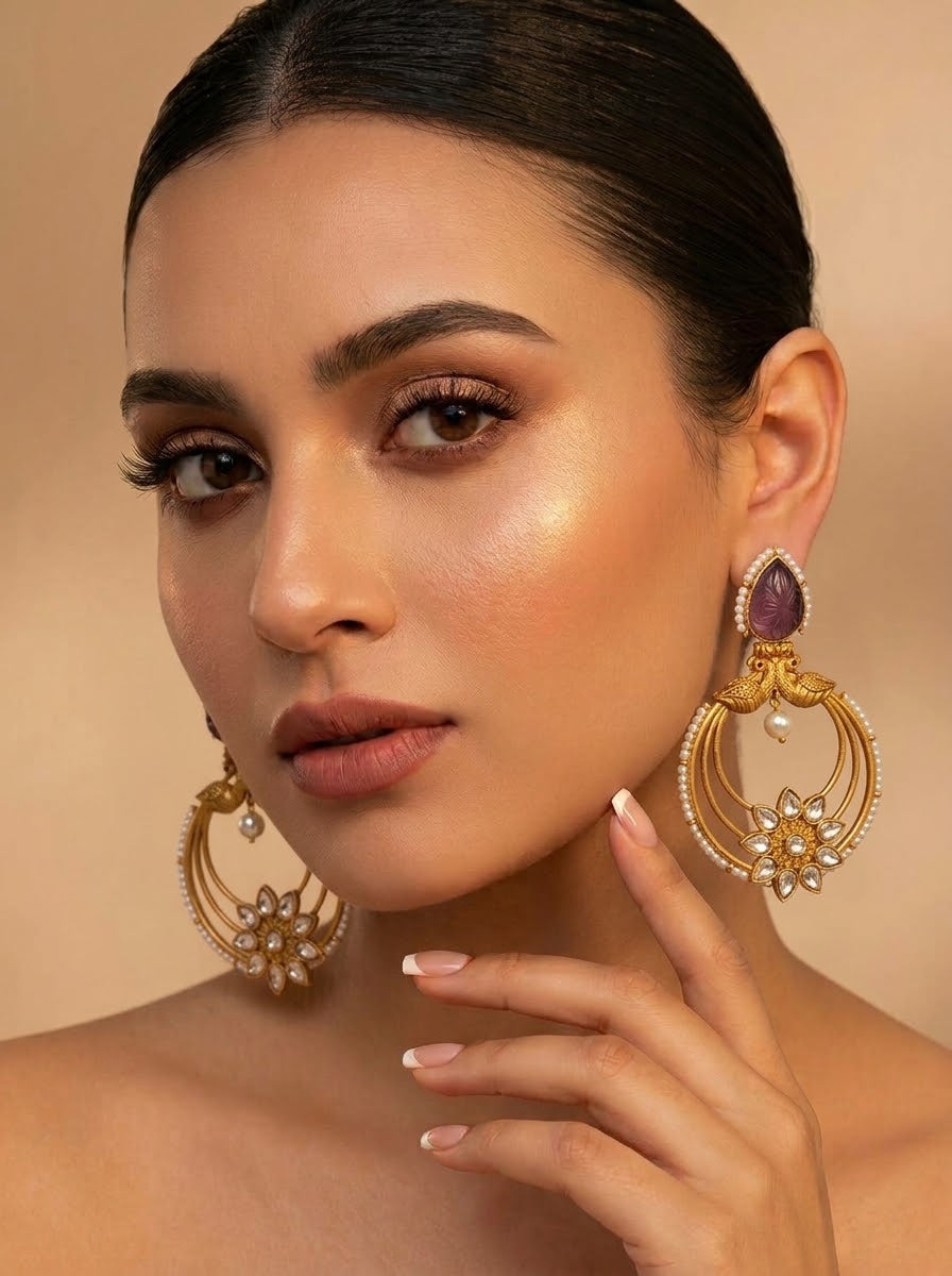 Romeesa handcrafted Polki Kundan earrings with Pearls and hand-carved Amethyst