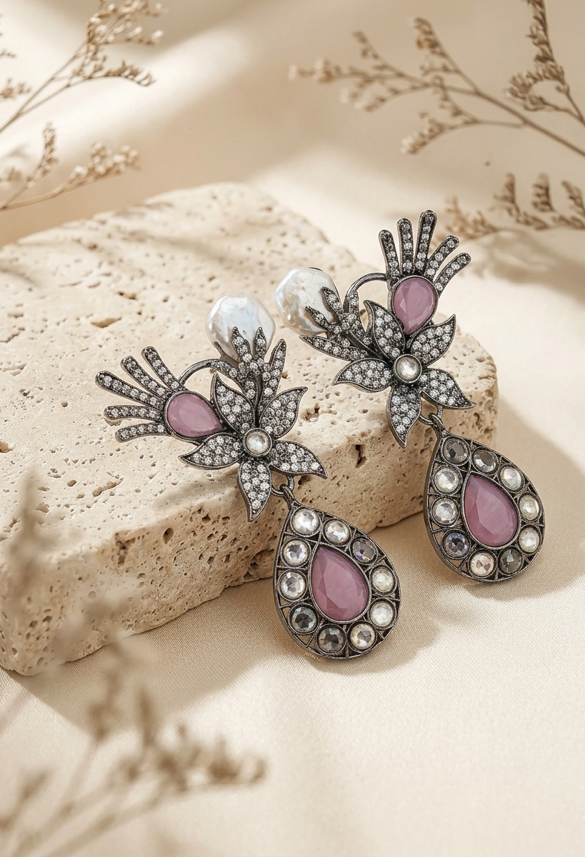 Roobin rhodium plated oxidized earrings with baroque pearls polki kundan and pink onyx