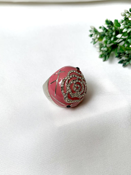 Hand-painted pink Meena ring with rose design in American Diamonds and platinum rhodium polish by Zamal Jewels