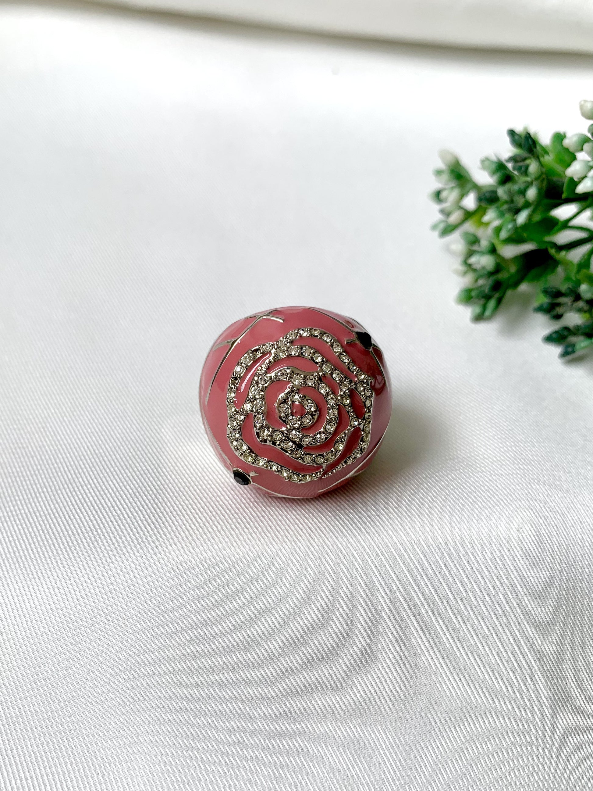 Hand-painted pink Meena ring with rose design in American Diamonds and platinum rhodium polish by Zamal Jewels