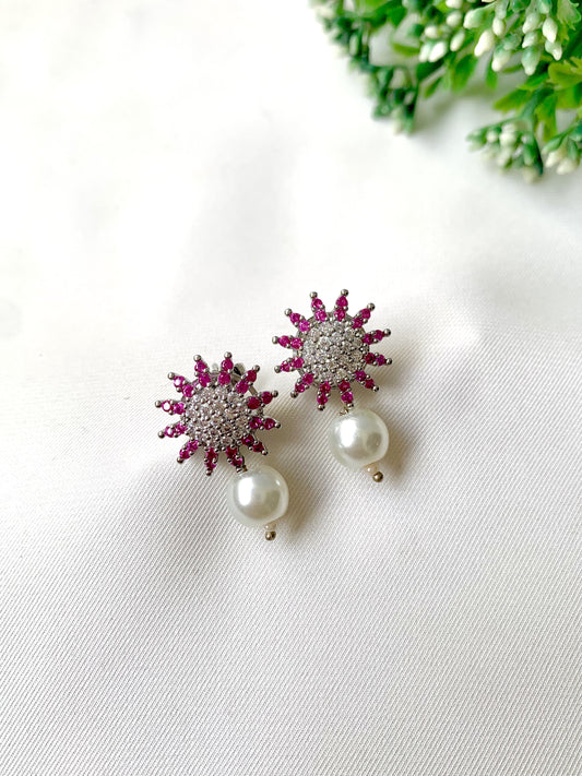 Rosara pink sunburst crystal studs with pearl drop, 22K gold plated on 316L stainless steel by Zamal Jewels.