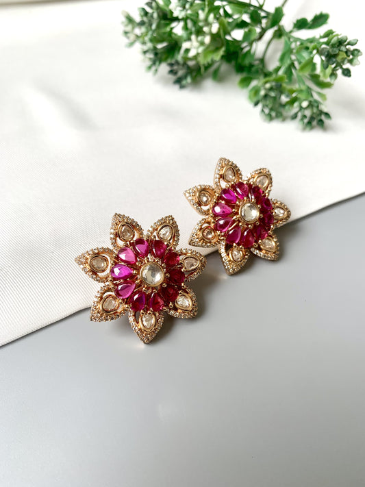 Detachable handcrafted ruby floral studs with Victorian rose gold plating, Polki Kundan, and American Diamonds by Zamal Jewels