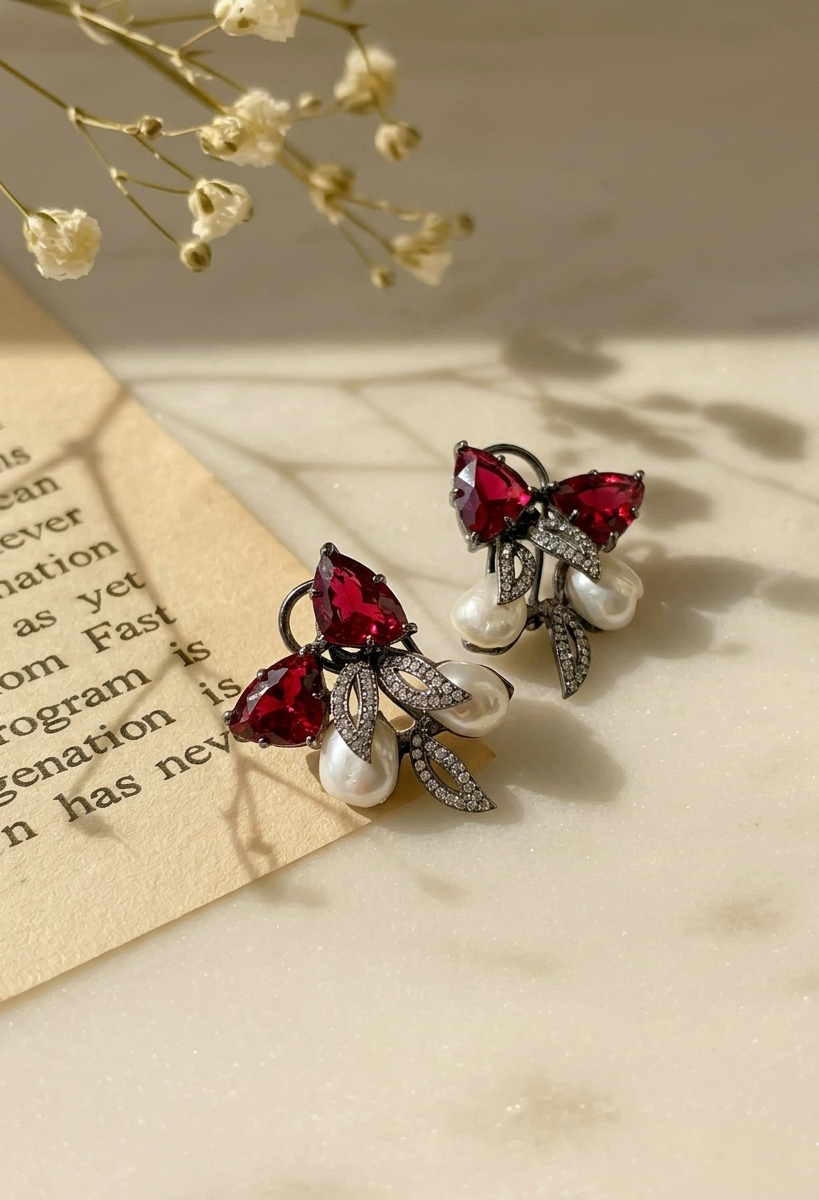 Pair of earrings with red gemstones and pearls on a textured surface