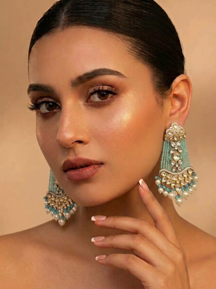 Saanvi Teal handcrafted earrings with Polki Kundan, Pearls, Feroza and Teal Onyx