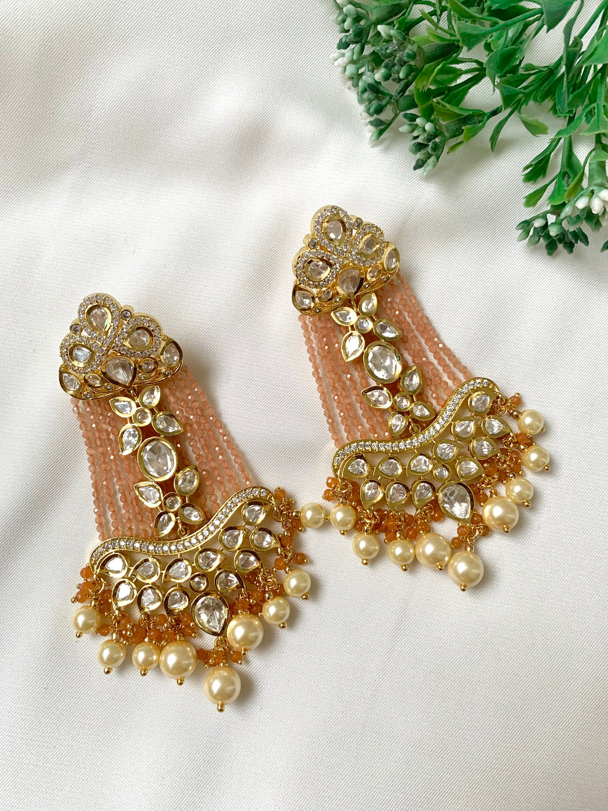 Saanvi Peach handcrafted earrings with Polki Kundan, Pearls and Peach Onyx