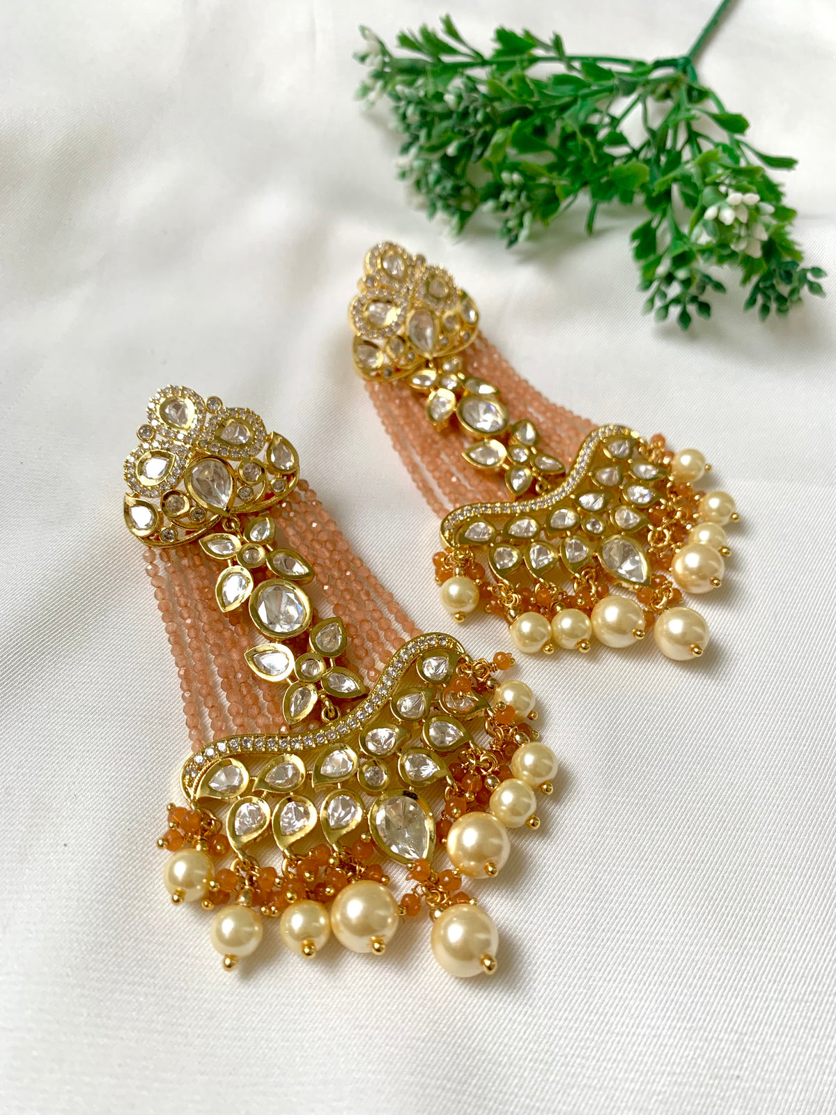 Saanvi Peach handcrafted earrings with Polki Kundan, Pearls and Peach Onyx