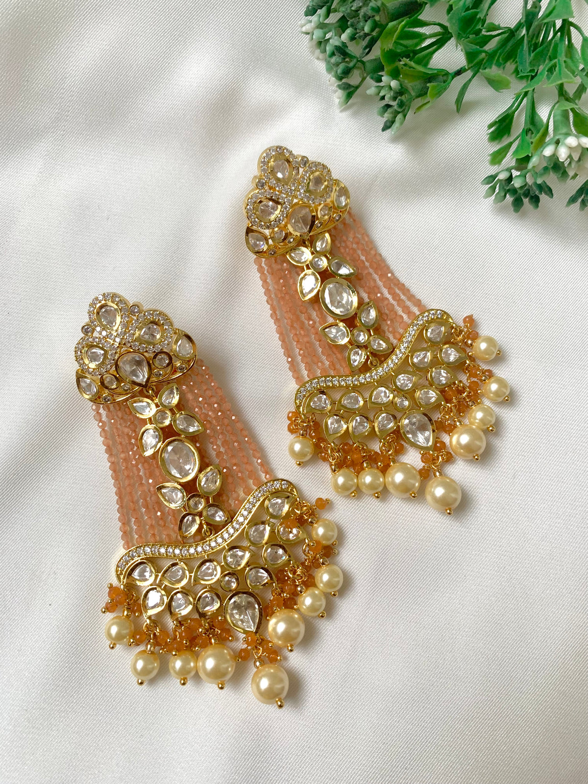 Saanvi Peach handcrafted earrings with Polki Kundan, Pearls and Peach Onyx