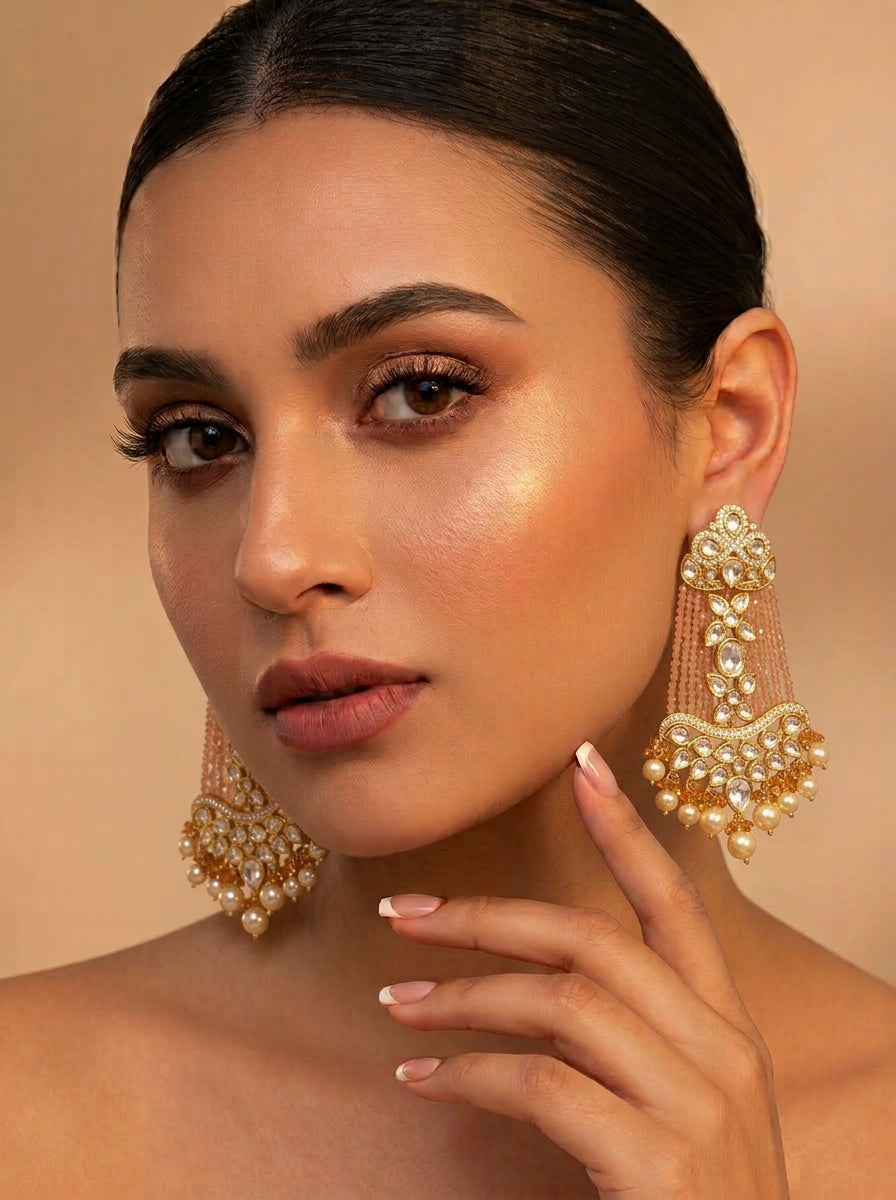Saanvi Peach handcrafted earrings with Polki Kundan, Pearls and Peach Onyx