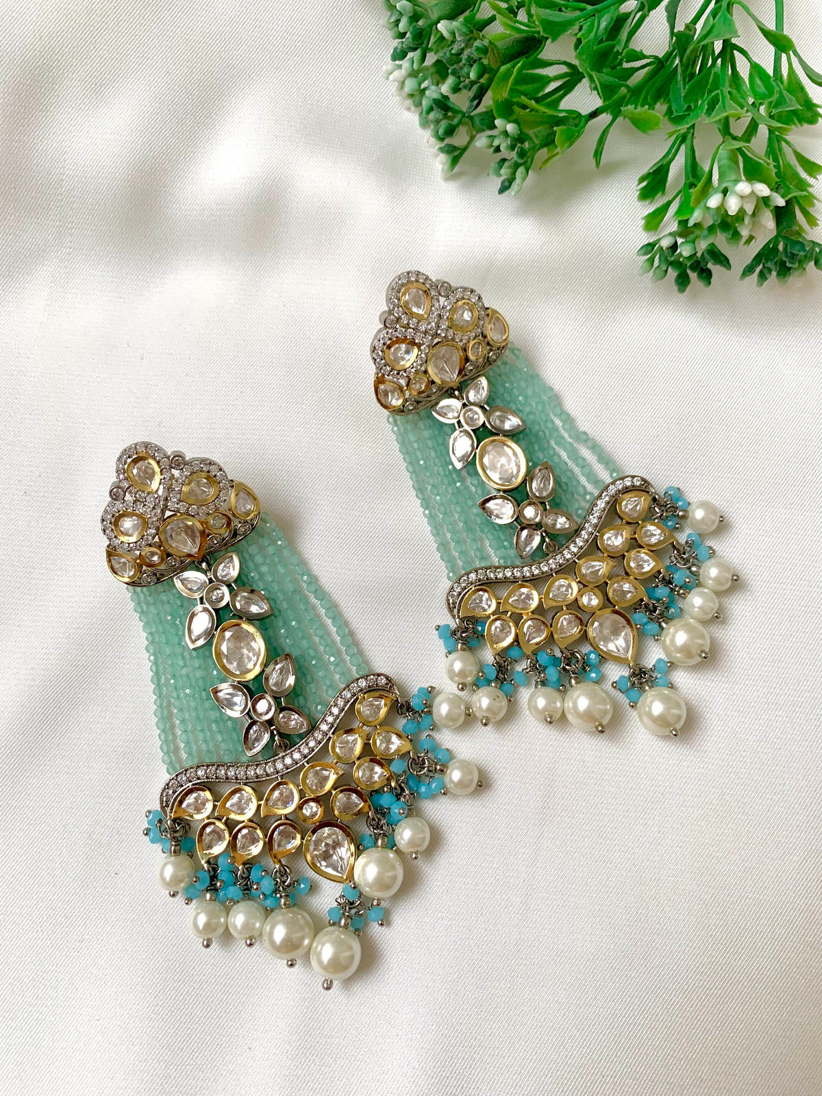 Saanvi Teal handcrafted earrings with Polki Kundan, Pearls, Feroza and Teal Onyx