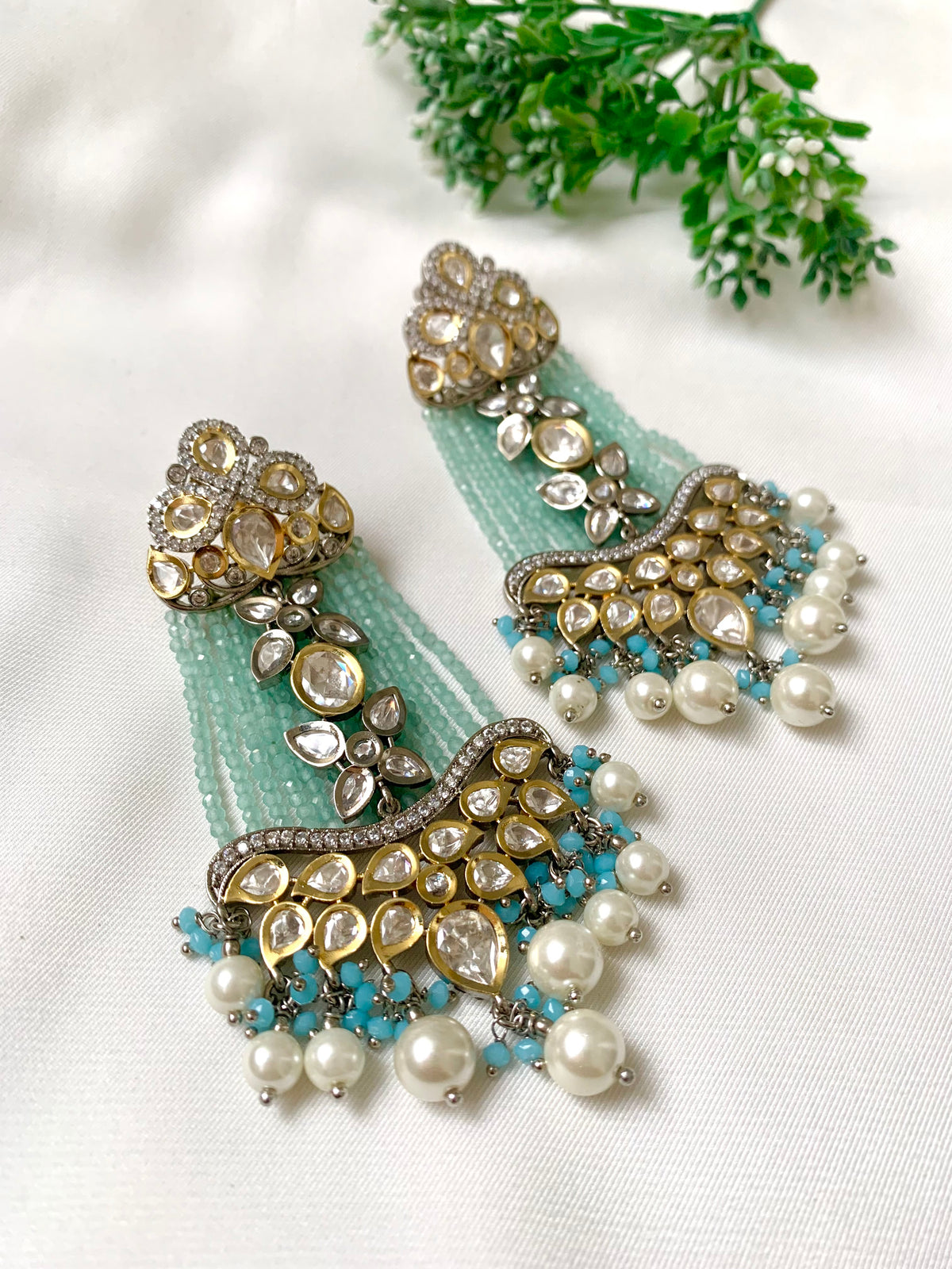 Saanvi Teal handcrafted earrings with Polki Kundan, Pearls, Feroza and Teal Onyx
