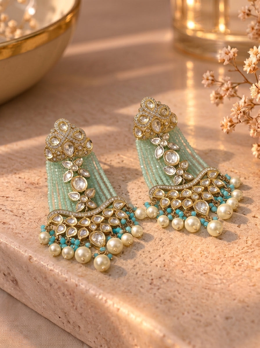 Saanvi Teal handcrafted earrings with Polki Kundan, Pearls, Feroza and Teal Onyx