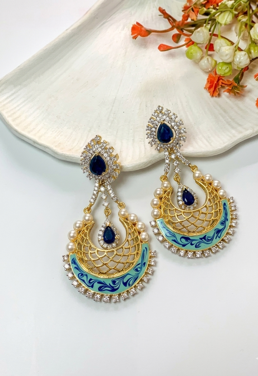 Saba gold plated earrings with pearls American diamonds sapphire and hand painted meena work