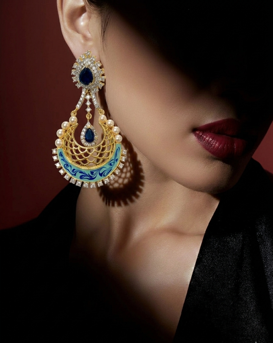 Saba gold plated earrings with pearls American diamonds sapphire and hand painted meena work