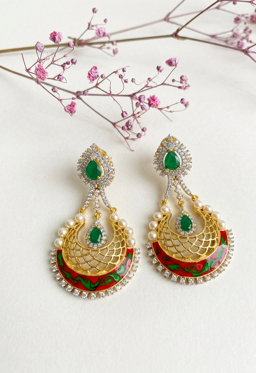 Saba gold plated earrings with pearls American diamonds emerald and hand painted meena work
