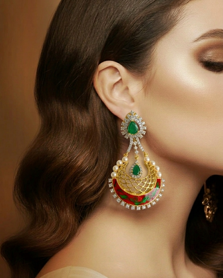 Saba gold plated earrings with pearls American diamonds emerald and hand painted meena work