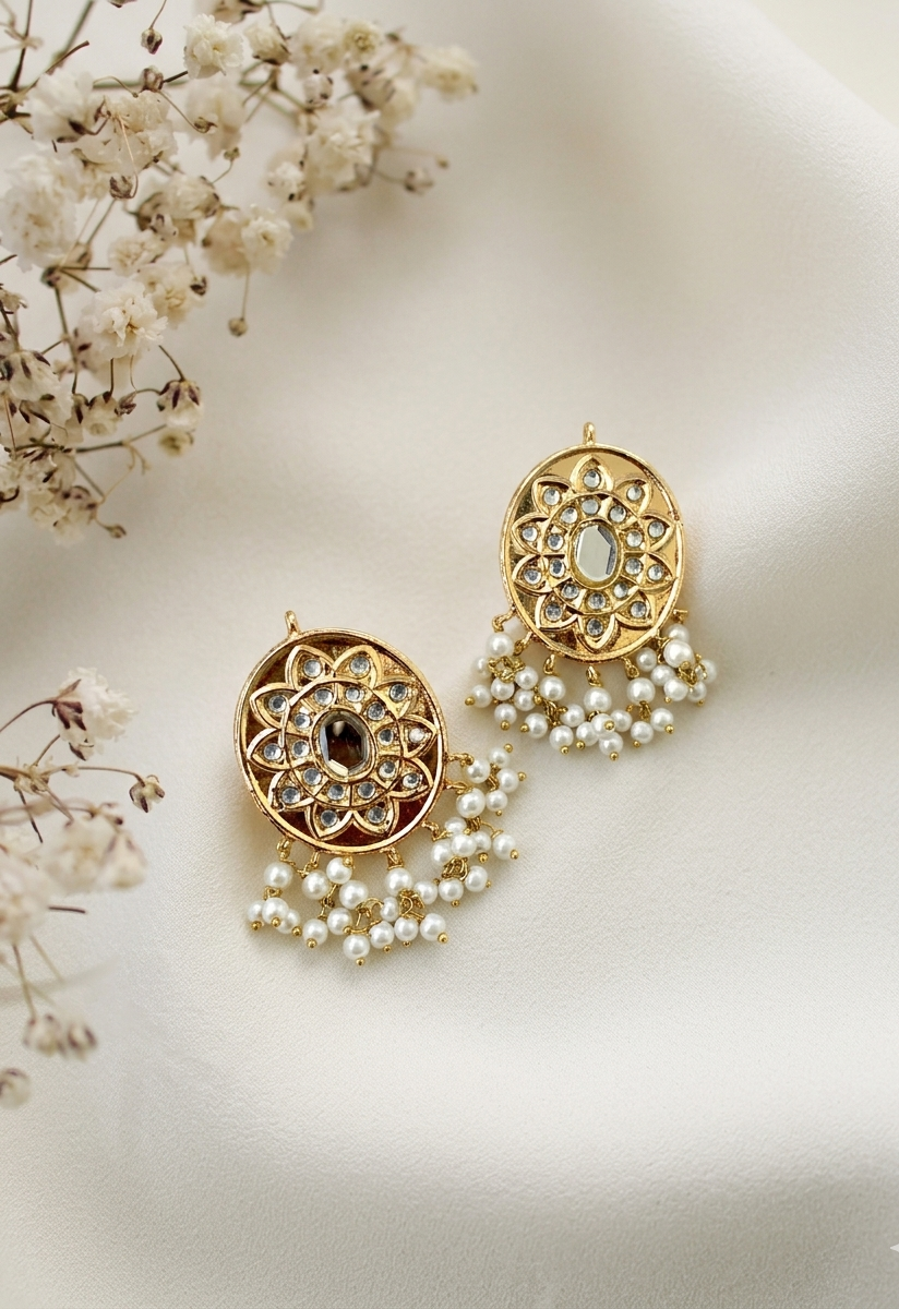 Sabina kundan pearl earrings in gold plating with traditional design