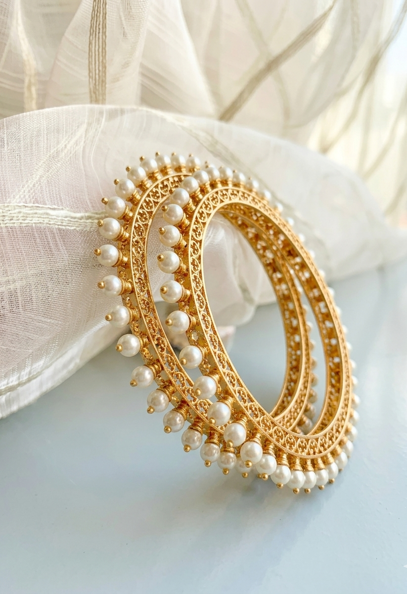 Pair of handcrafted 22kt gold plated bangles with hand filigree work and semi-precious pearls, size 2.6