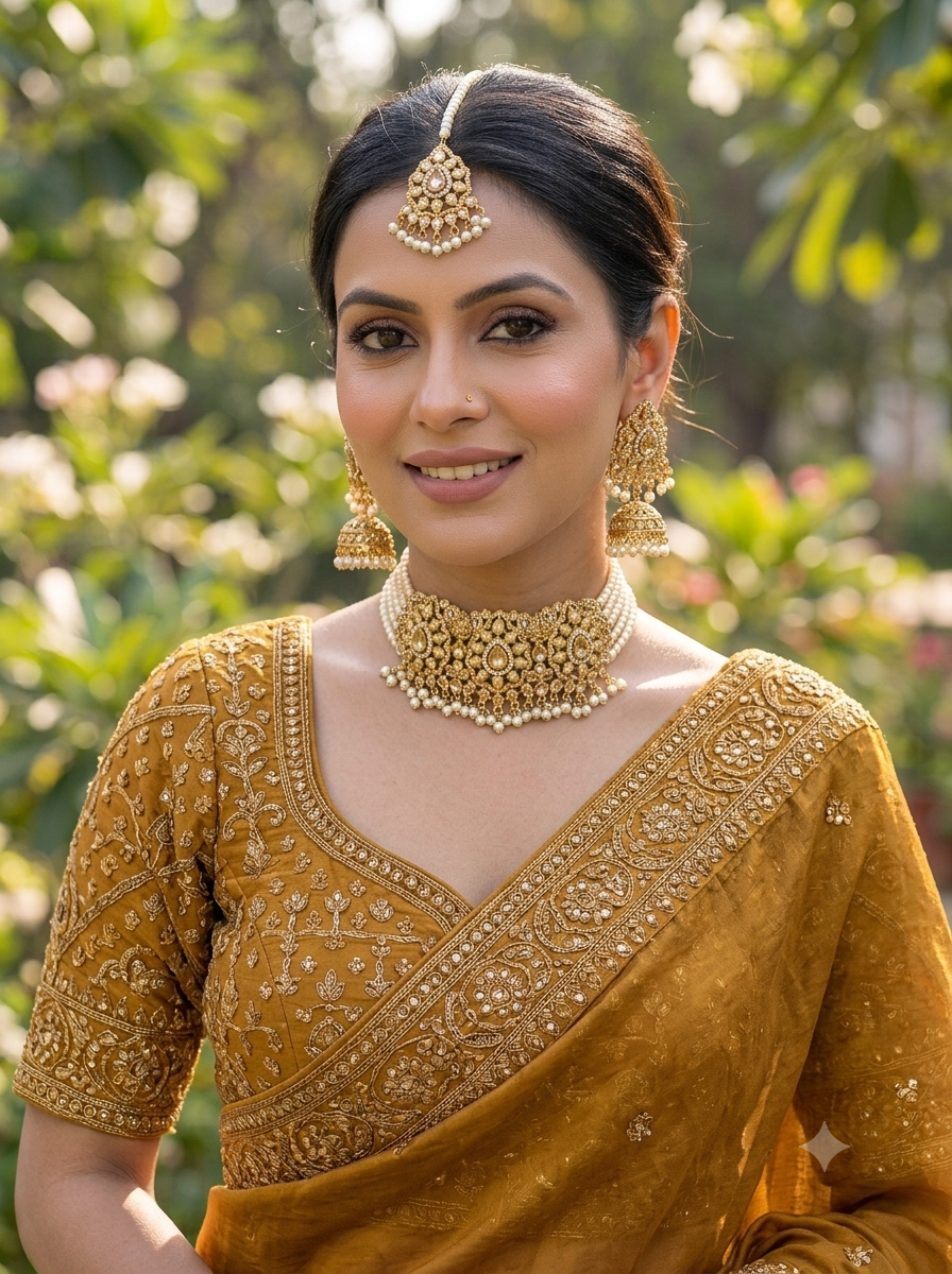 Saliha handcrafted bridal choker set in 22kt gold plating with American diamonds, semi-precious Polki, champagne stones, pearls and matching tikka