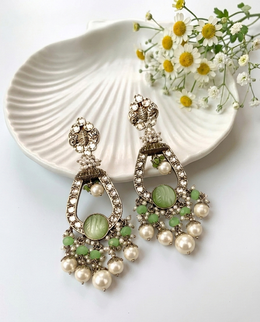 Saliha rhodium plated earrings with American diamonds hand carved onyx and semi precious pearls