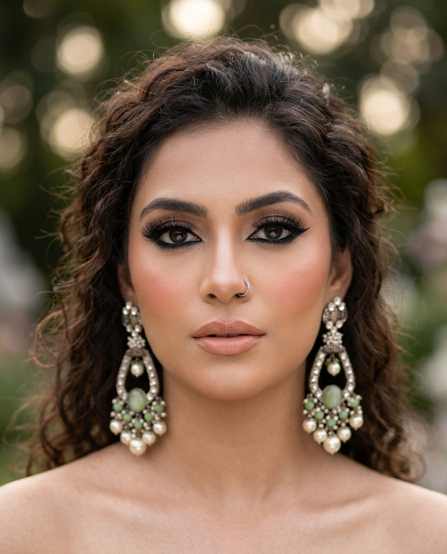 Saliha rhodium plated earrings with American diamonds hand carved onyx and semi precious pearls