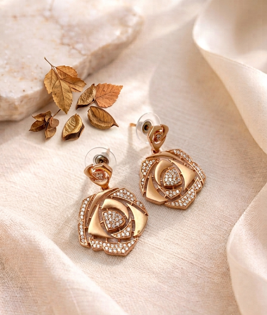 A pair of rose-shaped drop earrings in polished rose gold with small clear crystal accents, displayed on draped cream fabric with dried leaves and a stone prop.