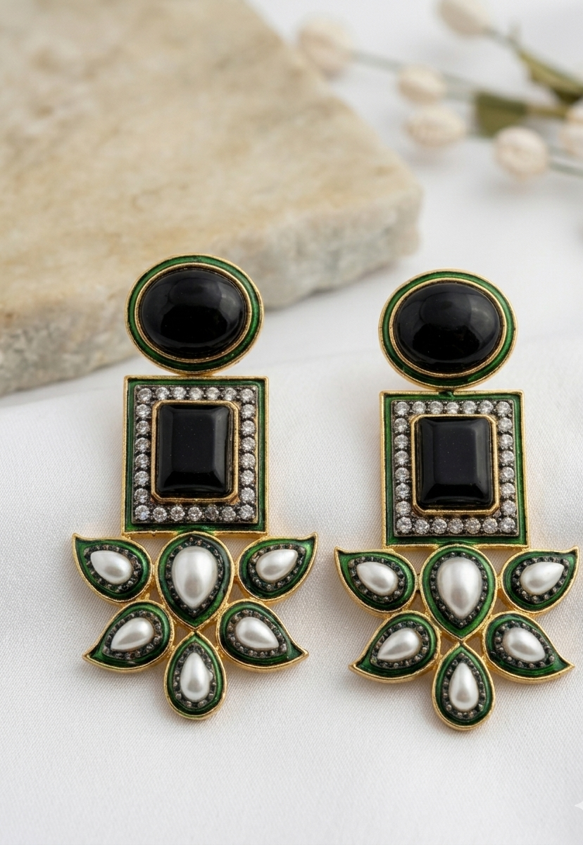Sanah rhodium plated oxidized earrings with onyx pearls American diamonds and hand painted meena