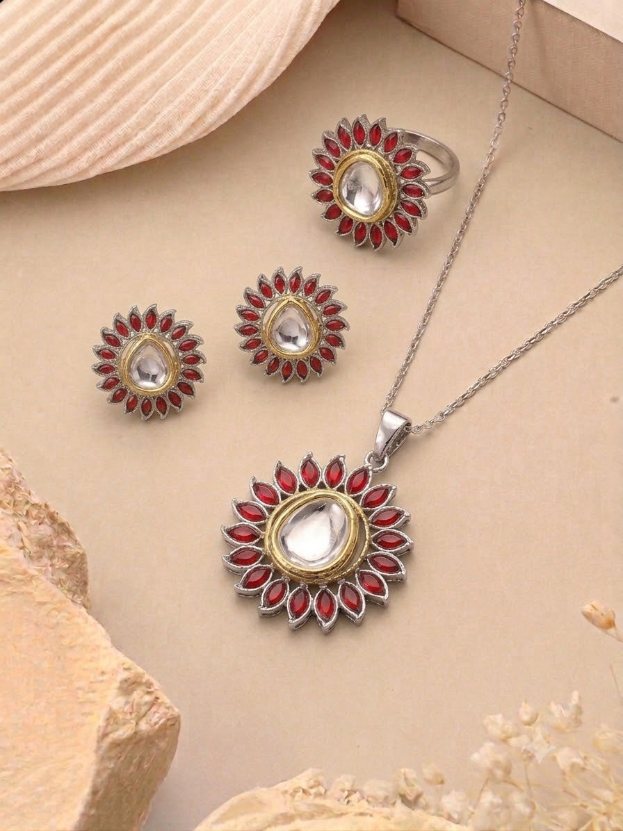 Sareha handcrafted combo jewellery set with pendant chain, studs and adjustable ring in Ruby, Emerald and White variants