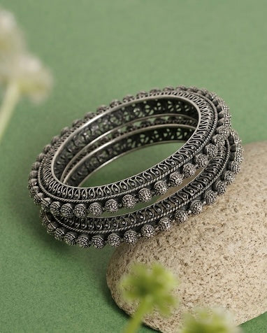 Sasha rhodium plated bangles with oxidized finish and American diamonds in stackable design