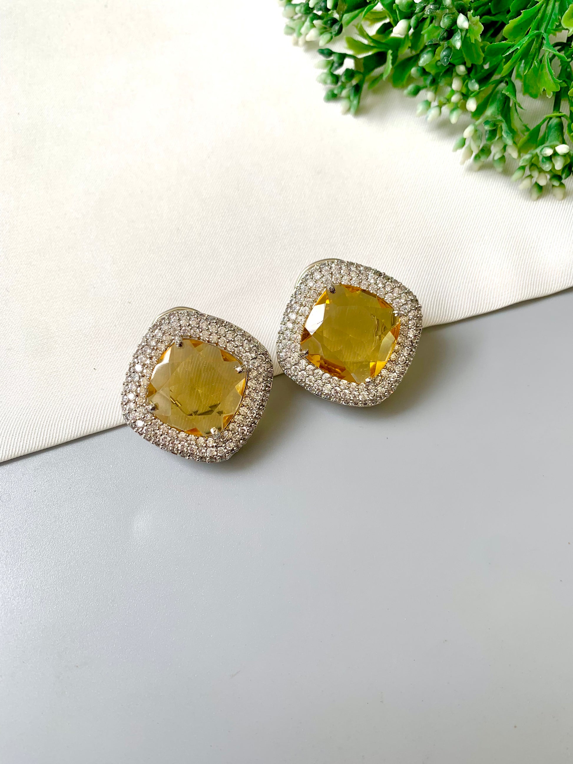 Selara Citrine Studs with American Diamonds & Semi-Precious Swarovski Citrine Crystal in cushion-cut halo design by Zamal Jewels