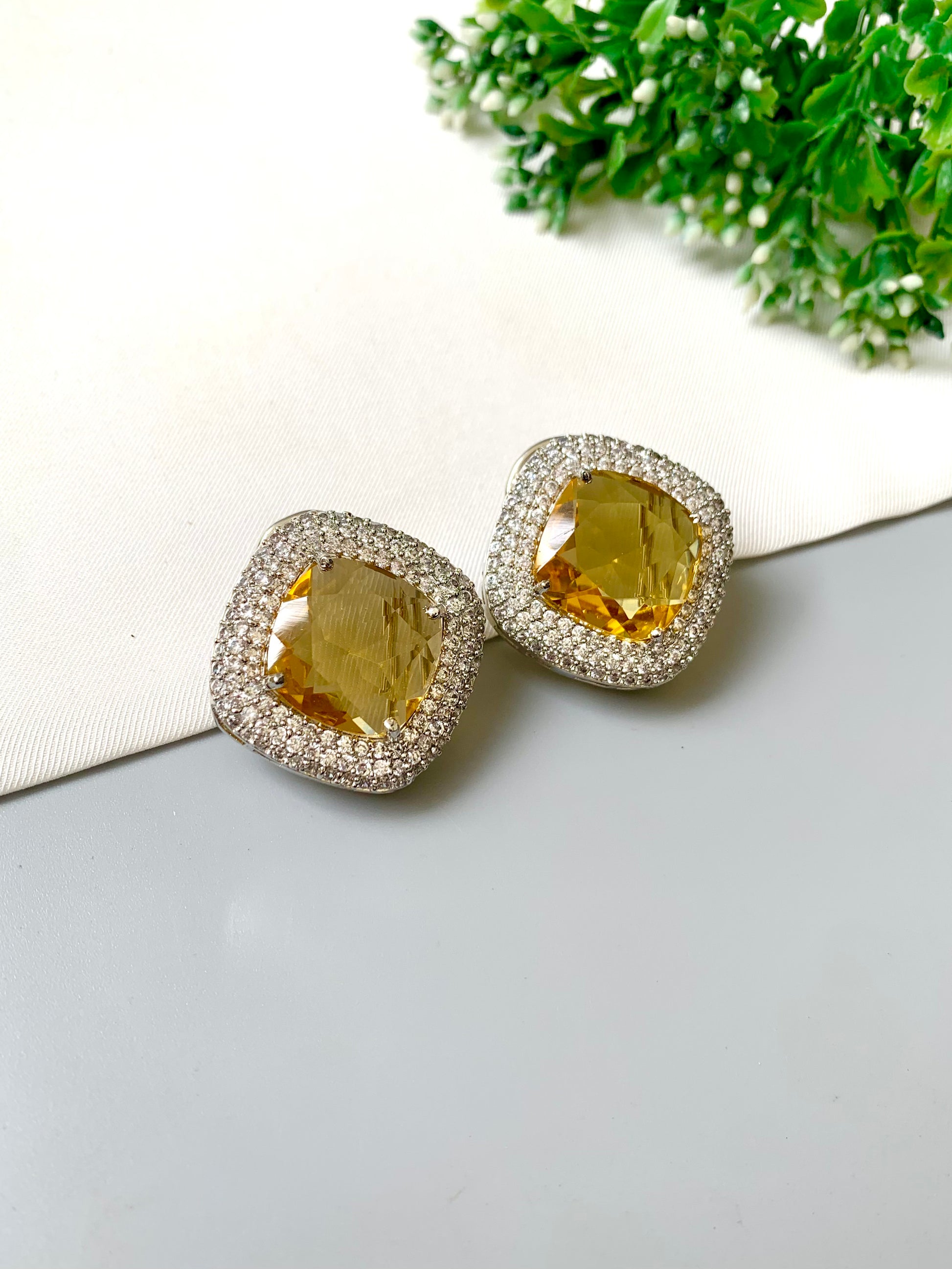 Selara Citrine Studs with American Diamonds & Semi-Precious Swarovski Citrine Crystal in cushion-cut halo design by Zamal Jewels
