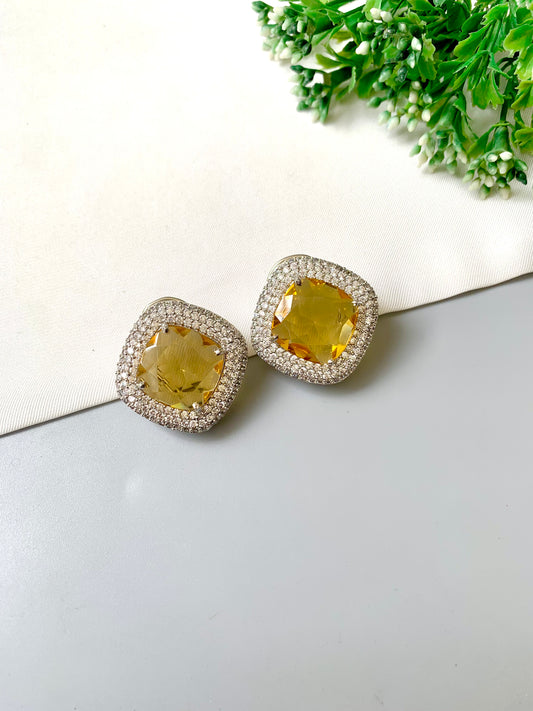 Selara Citrine Studs with American Diamonds & Semi-Precious Swarovski Citrine Crystal in cushion-cut halo design by Zamal Jewels