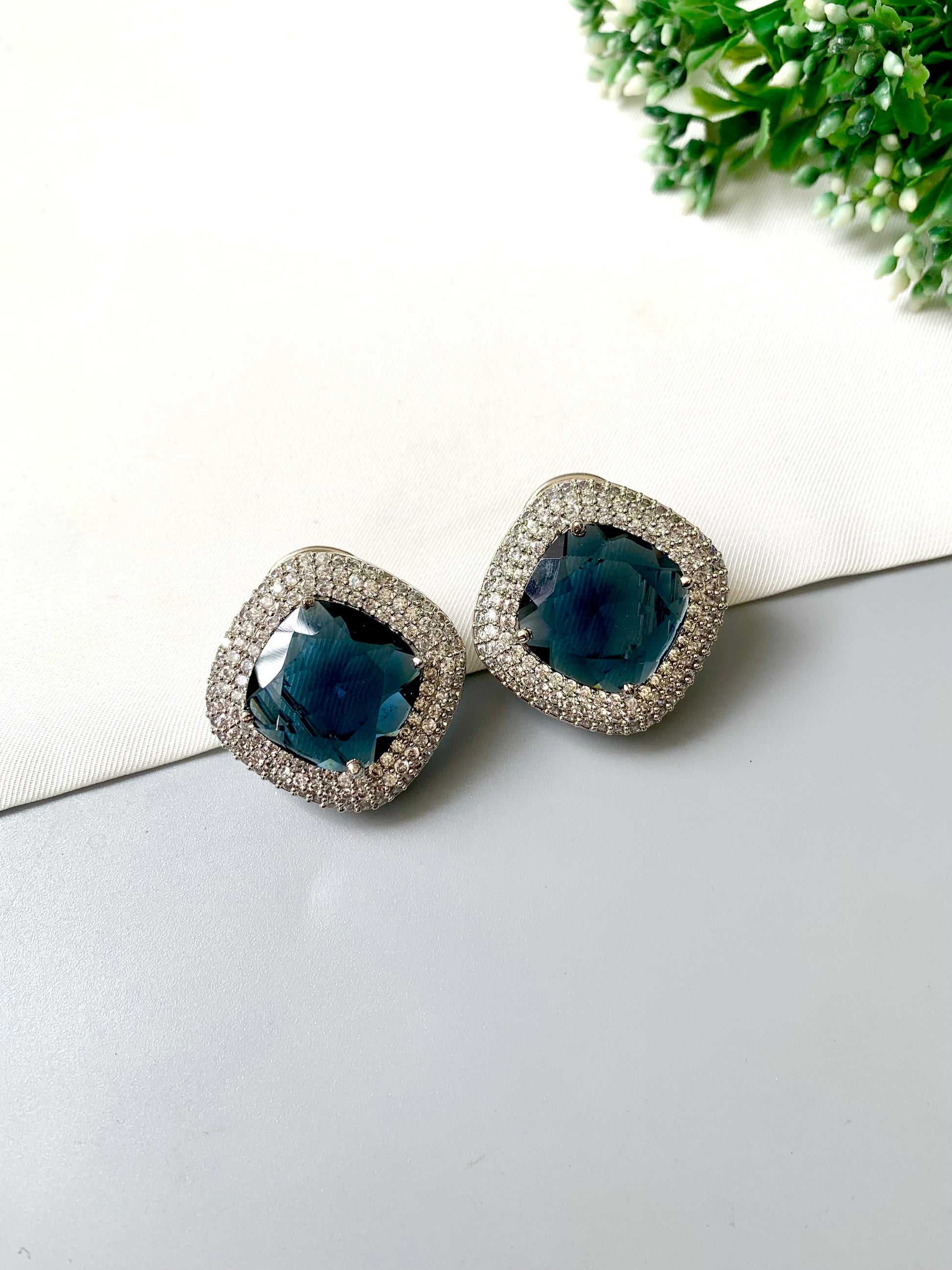 Selara Sapphire Studs with Swarovski Sapphire crystal and American Diamond halo by Zamal Jewels