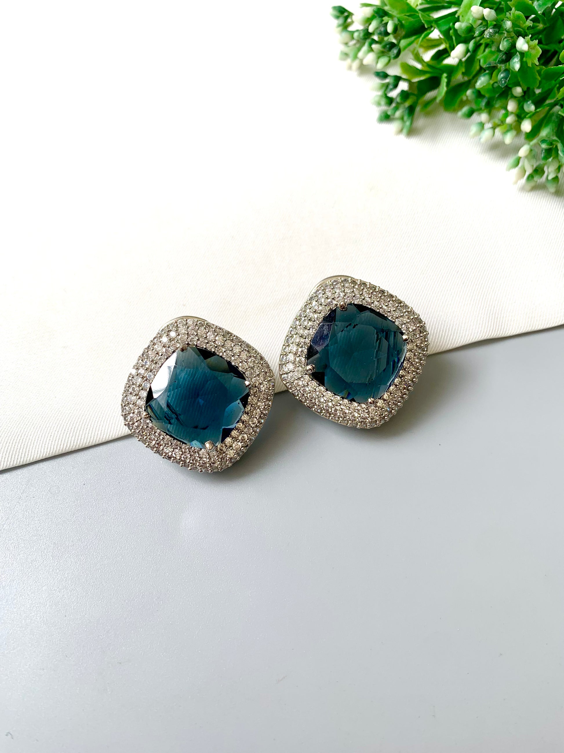 Selara Sapphire Studs with Swarovski Sapphire crystal and American Diamond halo by Zamal Jewels
