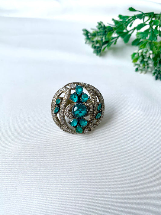 Handcrafted rhodium-plated Victorian ring with natural gemstones and American Diamonds from Zamal Jewels