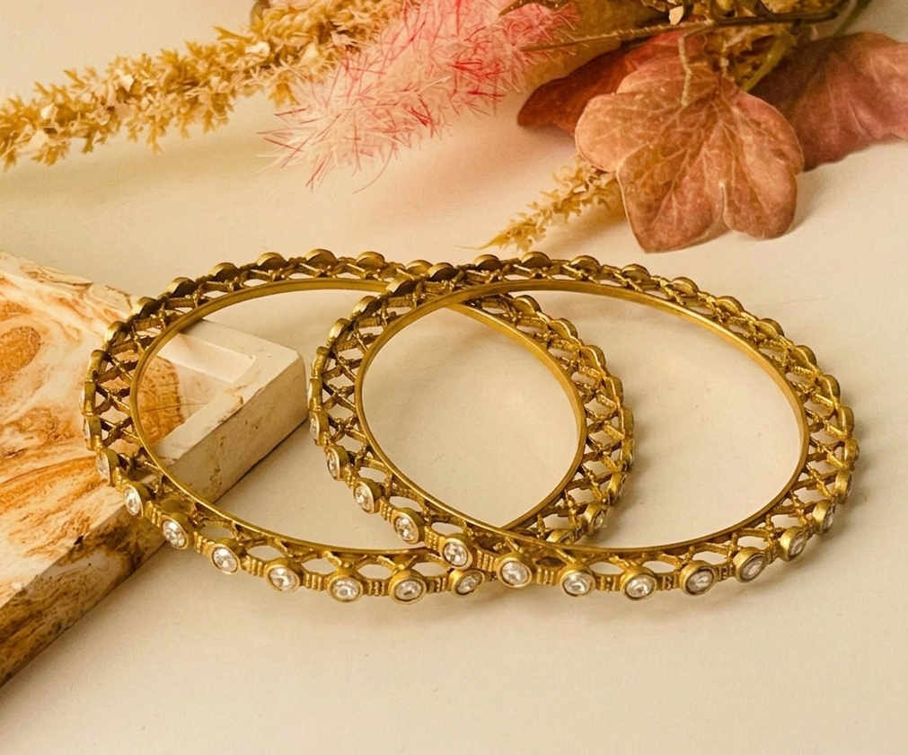 Serene handcrafted 22kt matte gold plated bangles with high quality Polki Kundan, sold as a pair