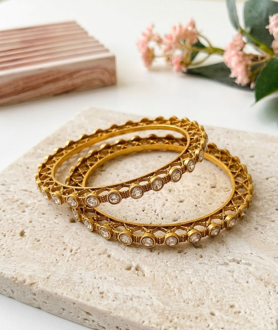 Serene handcrafted 22kt matte gold plated bangles with high quality Polki Kundan, sold as a pair
