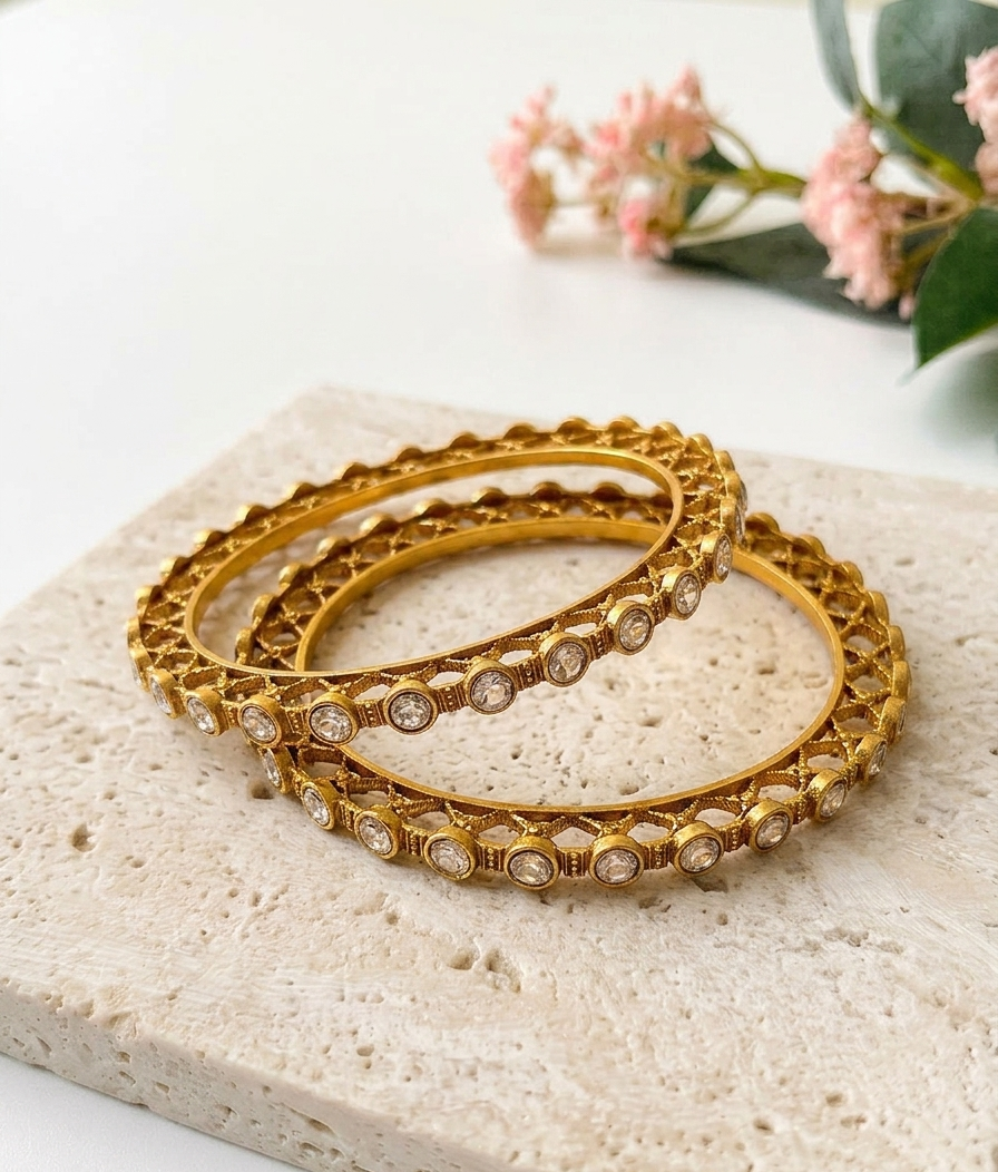 Serene handcrafted 22kt matte gold plated bangles with high quality Polki Kundan, sold as a pair