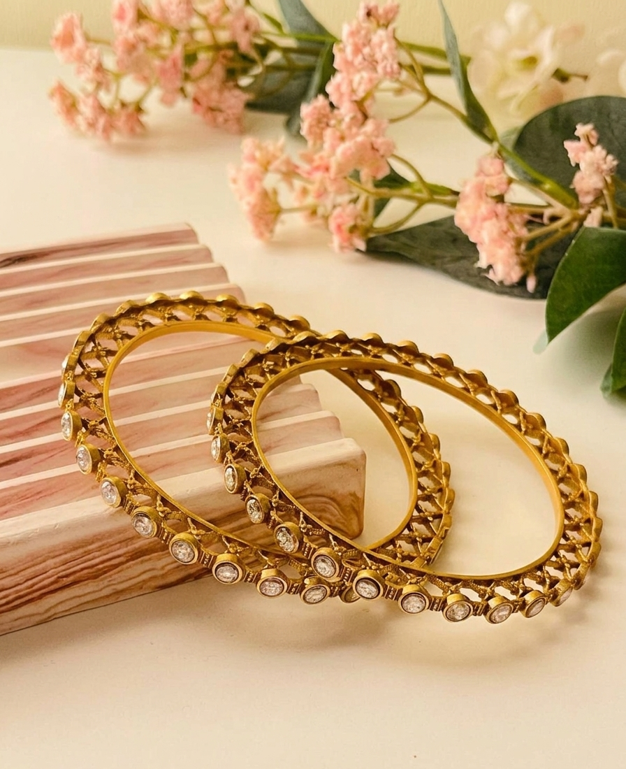 Serene handcrafted 22kt matte gold plated bangles with high quality Polki Kundan, sold as a pair