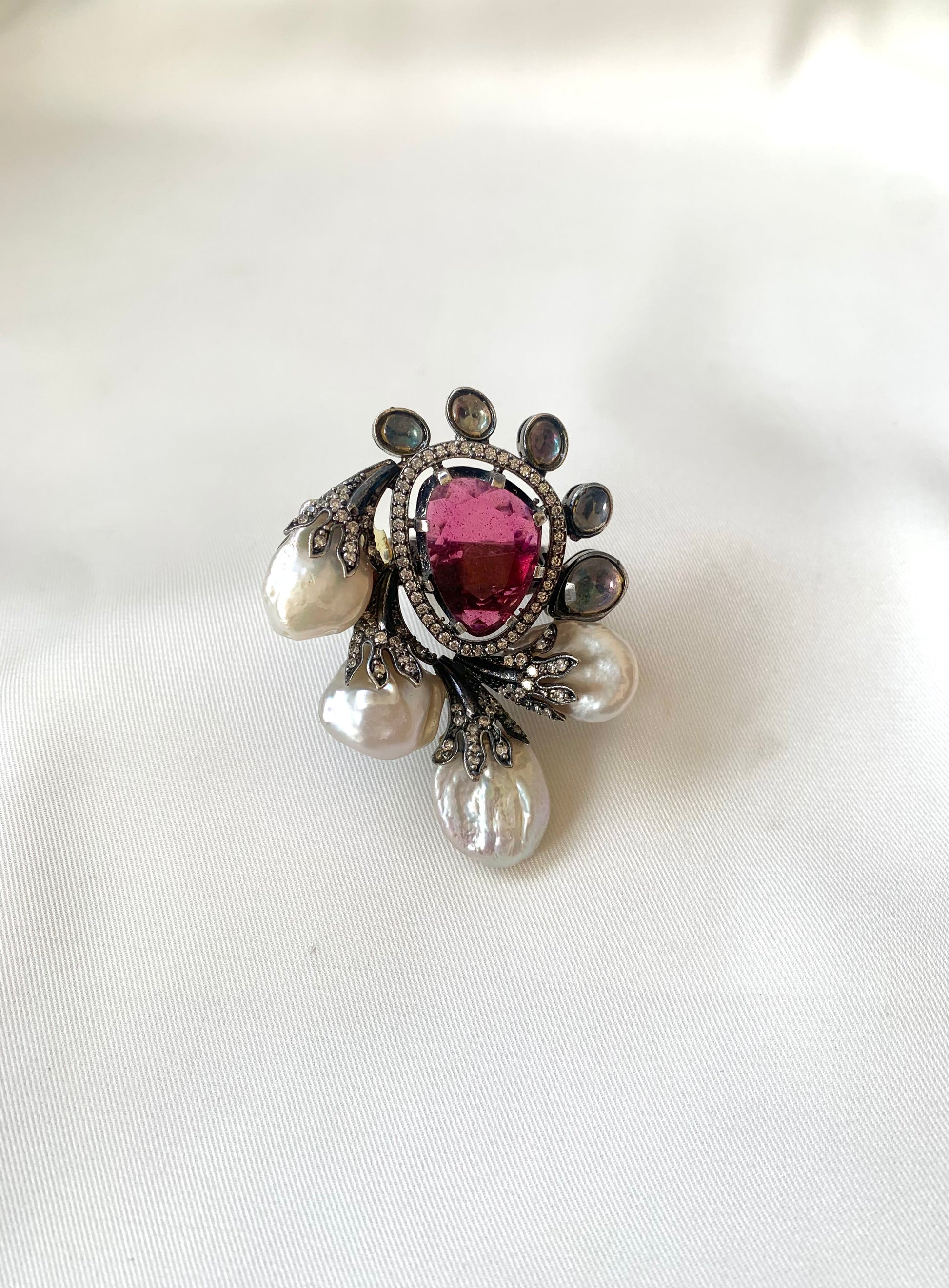 Shahana handcrafted rhodium oxidized cocktail ring with baroque pearls and semi-precious ruby