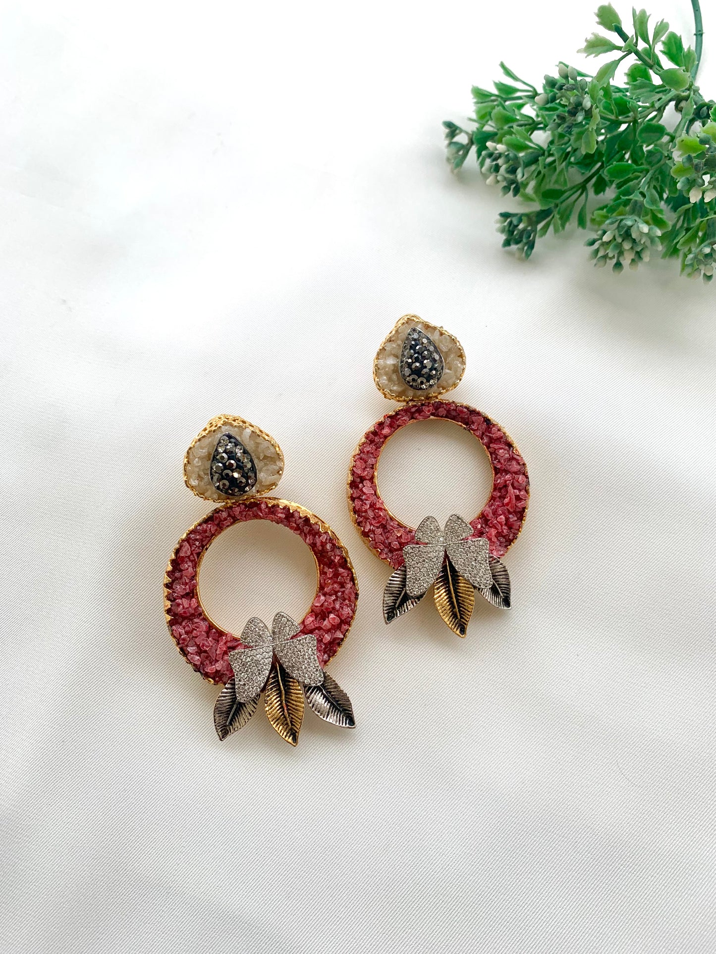 Shalaka handcrafted 22kt gold plated earrings featuring American Diamonds, Marcasite, and semi-precious natural gemstones