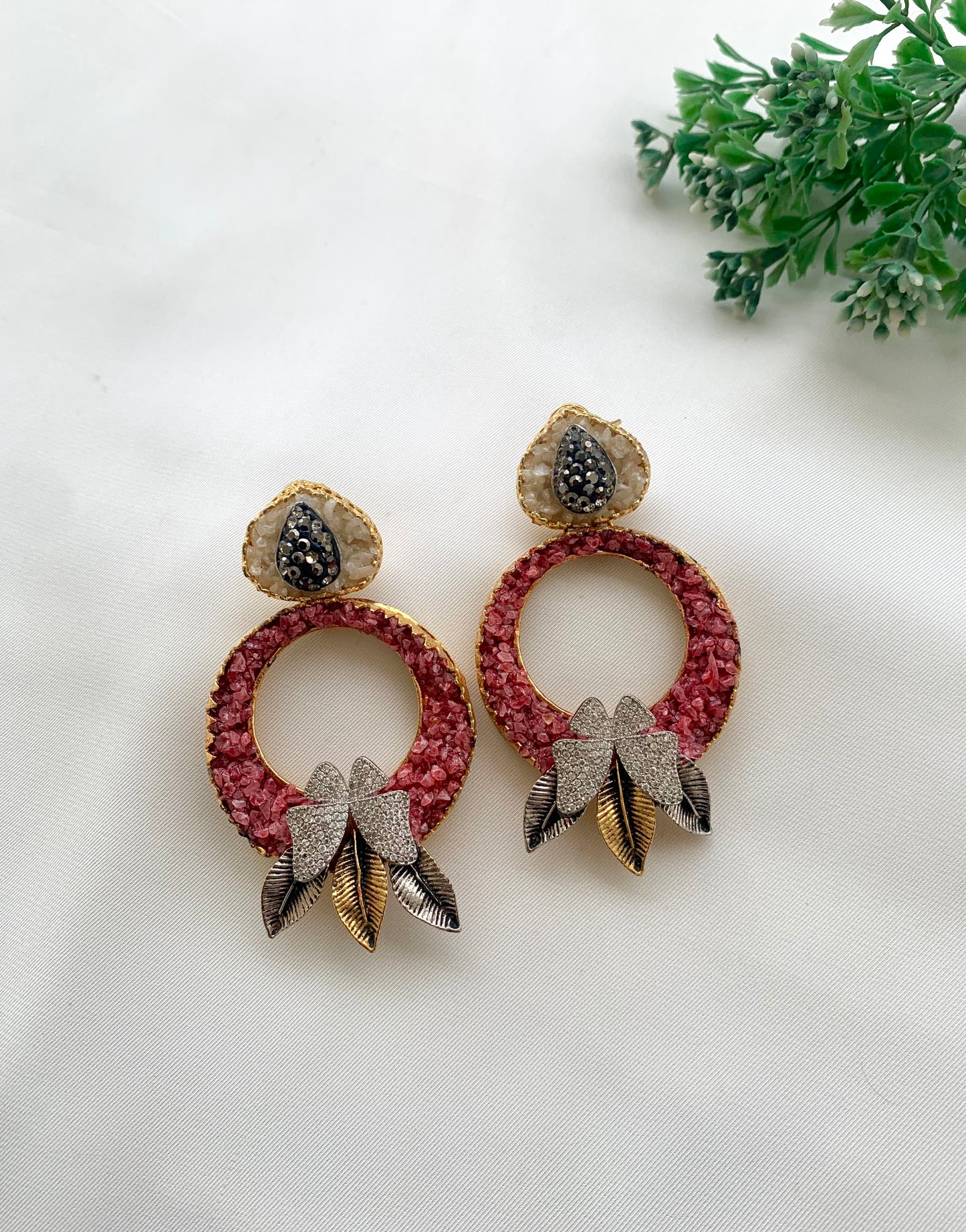 Shalaka handcrafted 22kt gold plated earrings featuring American Diamonds, Marcasite, and semi-precious natural gemstones
