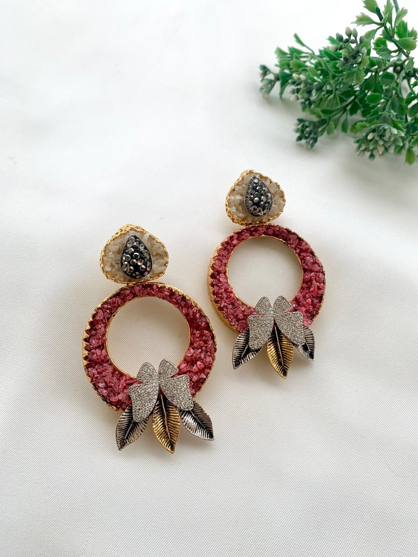 Shalaka handcrafted 22kt gold plated earrings featuring American Diamonds, Marcasite, and semi-precious natural gemstones