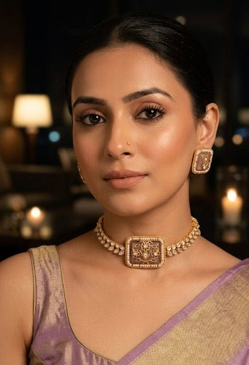 Woman wearing a traditional necklace and earrings in a dimly lit setting
