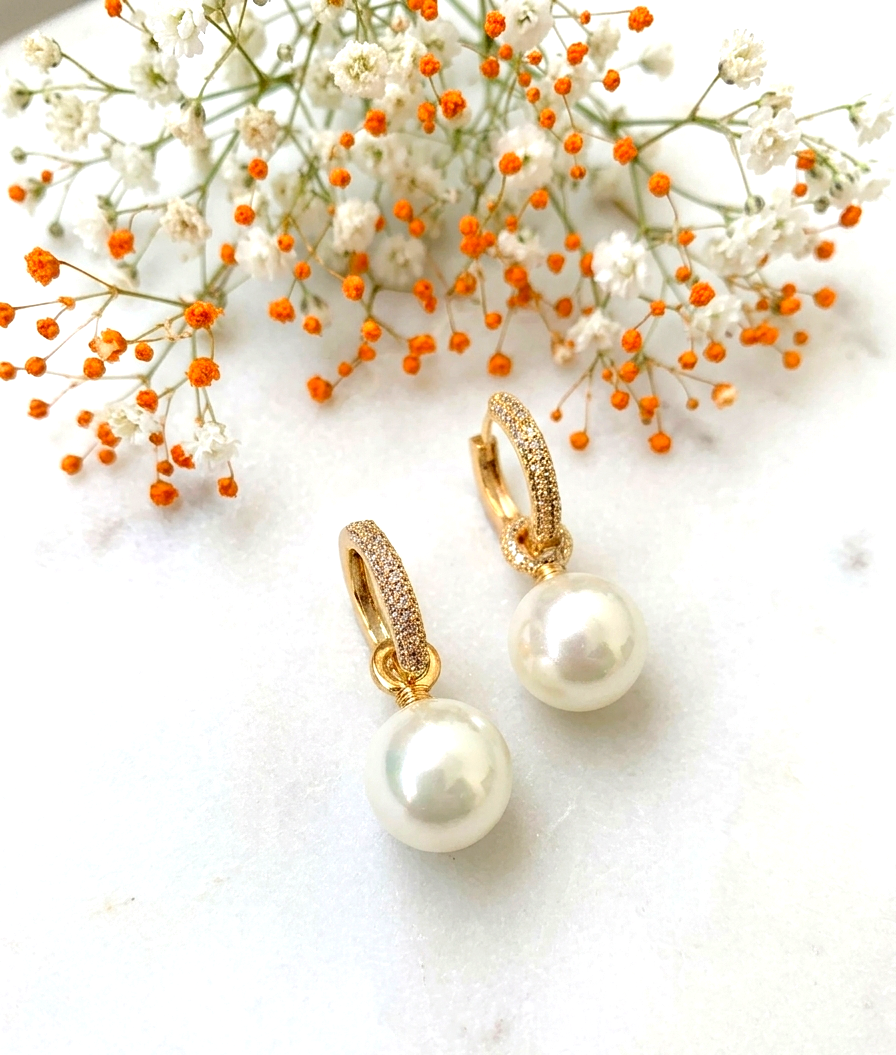Signe handcrafted 2-in-1 earrings with American Diamonds and semi-precious Pearls in 22kt Gold and Rhodium plating