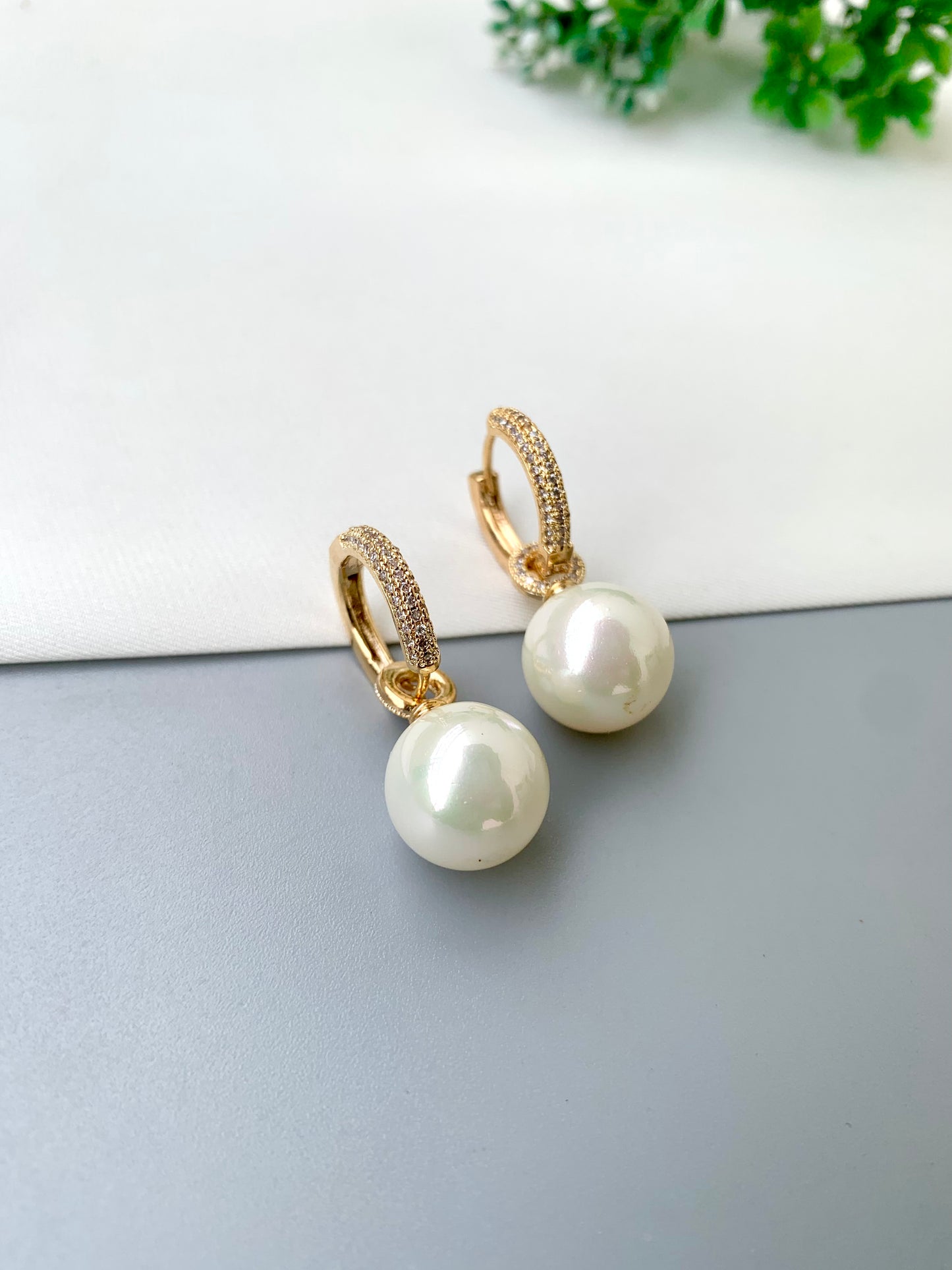 Signe handcrafted 2-in-1 earrings with American Diamonds and semi-precious Pearls in 22kt Gold and Rhodium plating