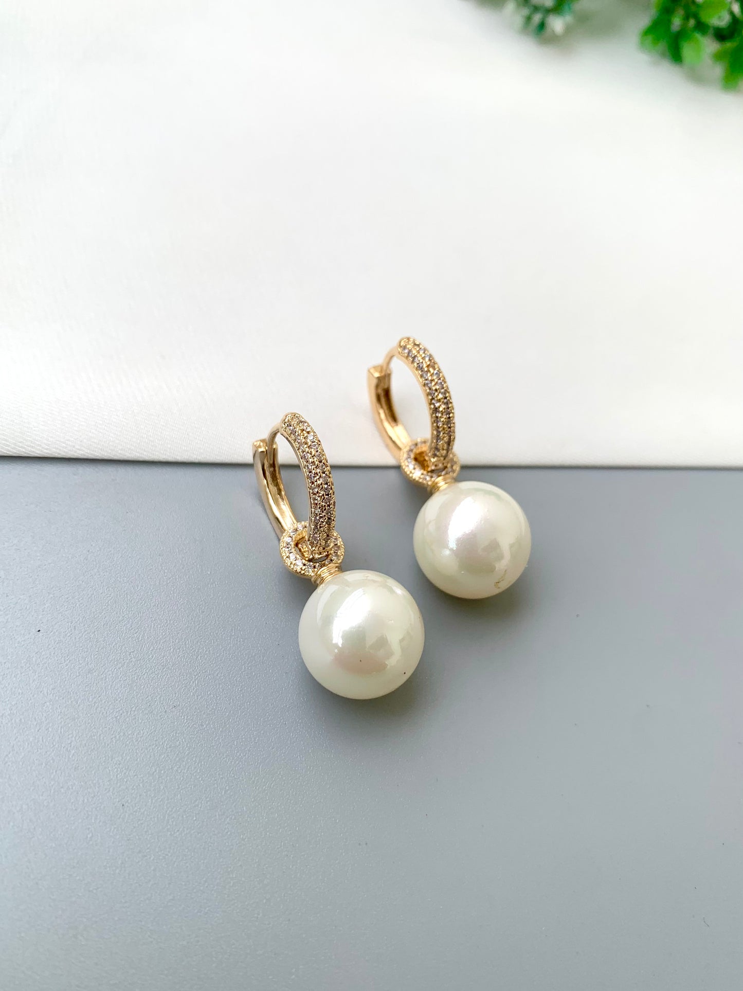 Signe handcrafted 2-in-1 earrings with American Diamonds and semi-precious Pearls in 22kt Gold and Rhodium plating