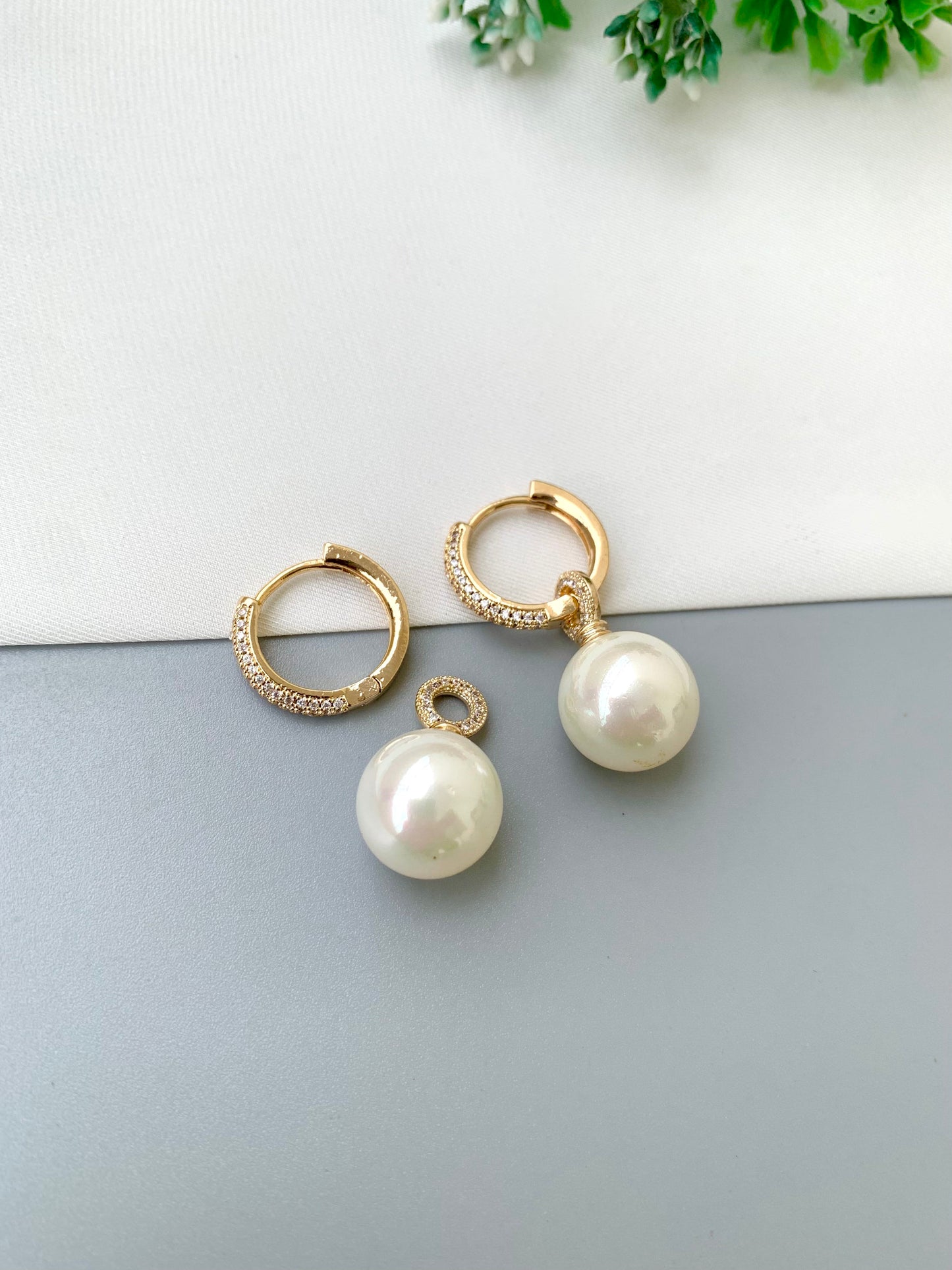 Signe handcrafted 2-in-1 earrings with American Diamonds and semi-precious Pearls in 22kt Gold and Rhodium plating