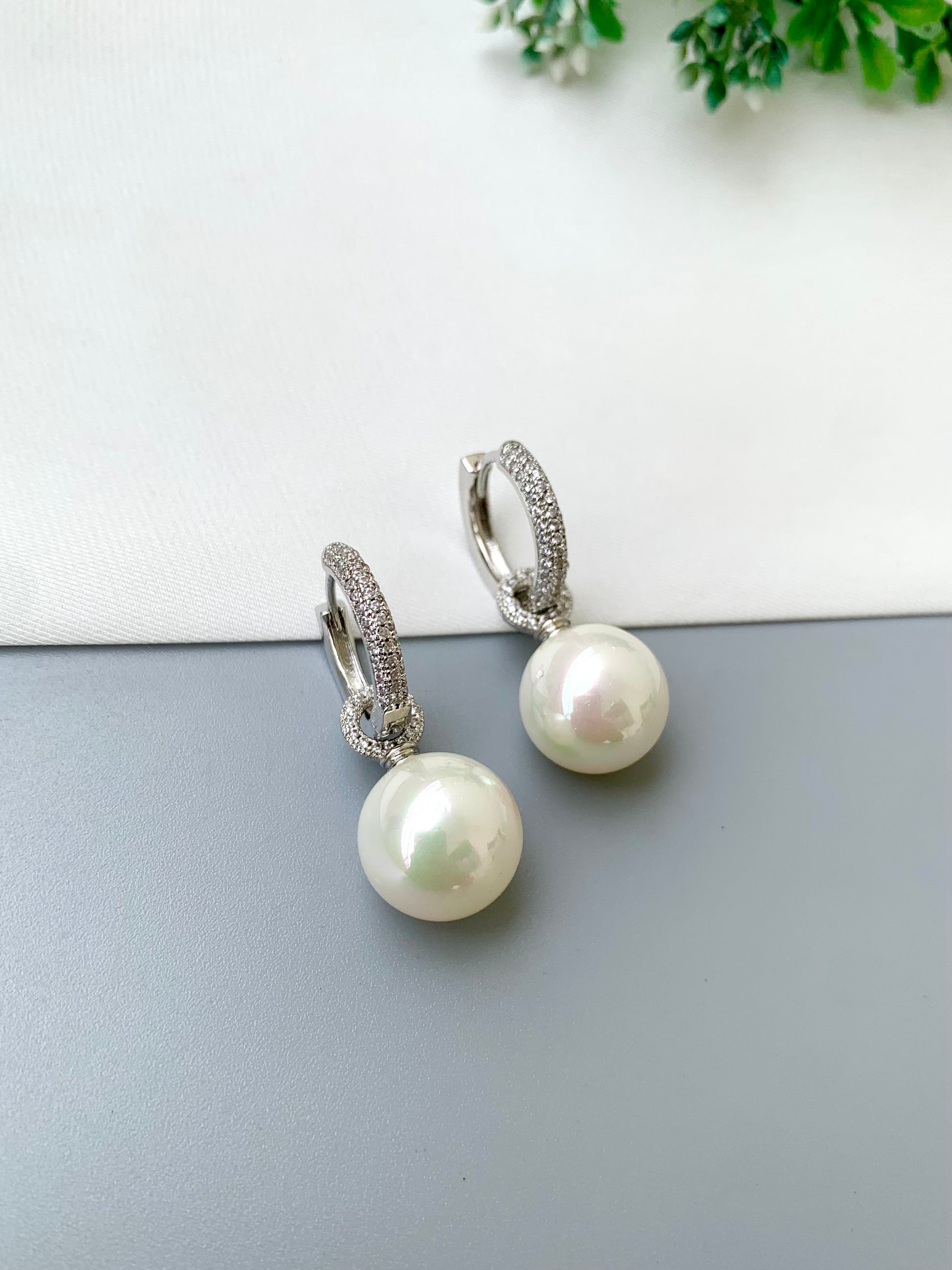 Signe handcrafted 2-in-1 earrings with American Diamonds and semi-precious Pearls in 22kt Gold and Rhodium plating