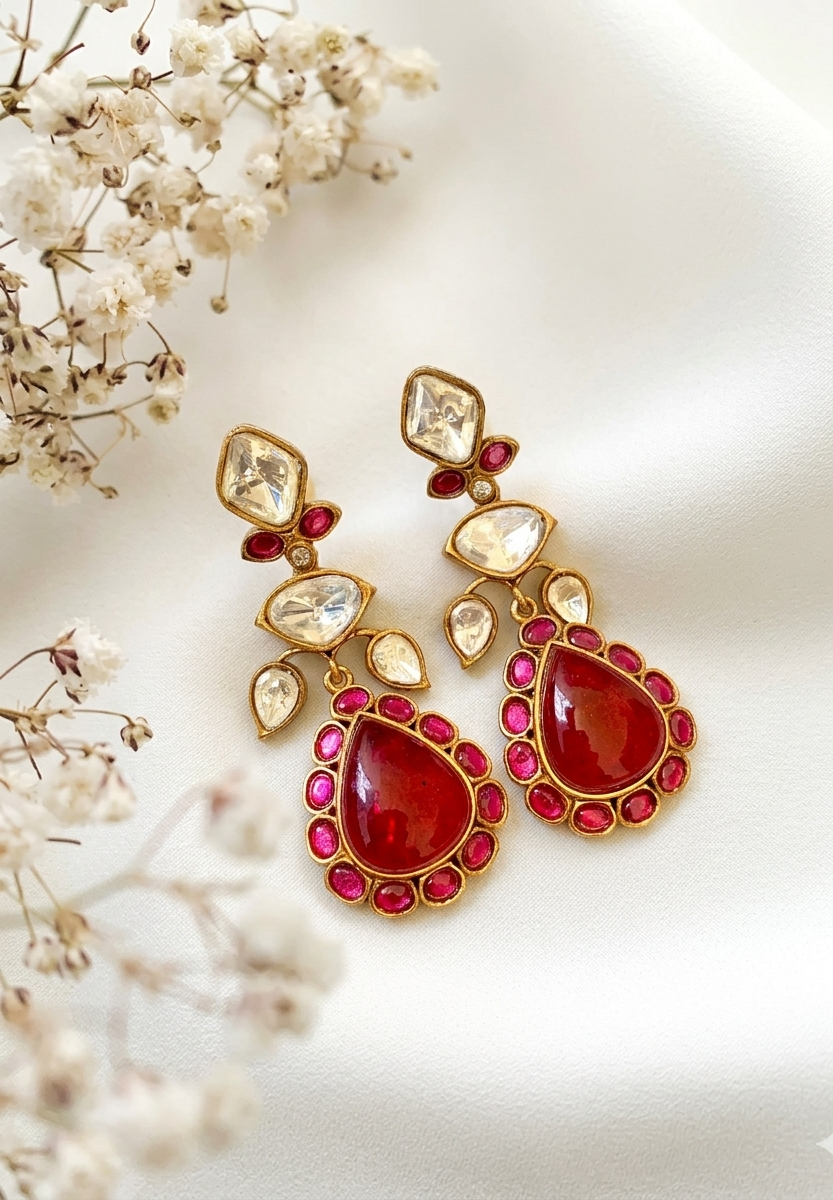 Silvia ruby moissanite kundan earrings in victorian gold plating
